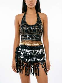 Bohemian Sequin Embroidered Chest Piece, Coin Tassel Hem & Round Sequins Tassel Hip Scarf, Exotic Body Accessory For Vacation Carnival (Multiple Colors Available) - Multicolor - View 6