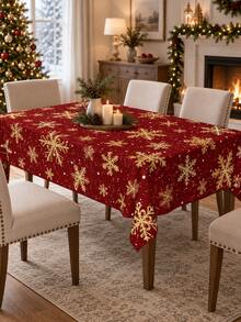 Christmas Red Snowflake Polyester Tablecloth, Gold Snowflake Holiday Tablecloth, Suitable For Round And Square Tables, Winter Christmas Dining Room Kitchen Party Farmhouse Home Decor - Multicolor - View 11