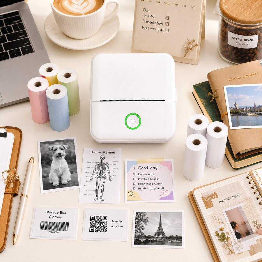 Mini Sticker Printer, White Portable Thermal Sticker Maker Machine With Paper Roll, Inkless Bluetooth Printer Compatible With Android & IOS Smartphones & Tablets, Pocket Printer For Notes, Labels, Memos, Pictures, Ideal Gift