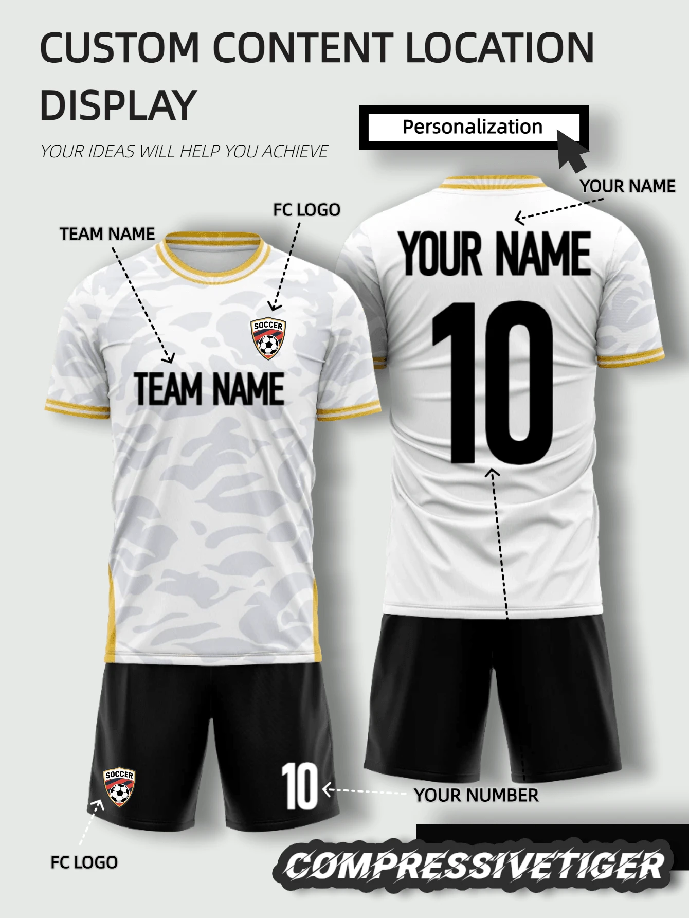 2pcs White Football Jersey Set - Personalized Football Shirt And Shorts With Graphics | Add Your Name/Number | Moisture Wicking Sports Wear Summer - White - View 1