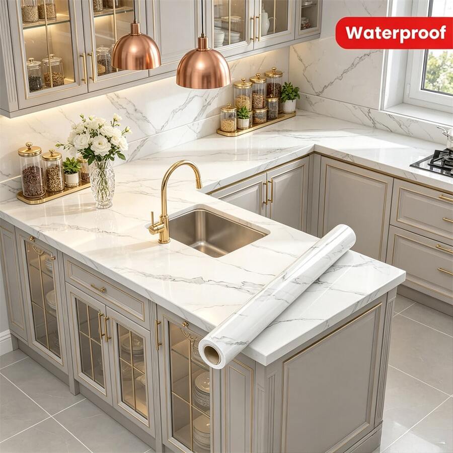 1 Roll Marble Pattern Kitchen Countertop Sticker, Waterproof Easy-Tear Sticker, Glossy Marble Texture, Suitable For Kitchen, Bathroom, Table, Etc., Wall Sticker, Vinyl Sticker, For Home Decor, Spring Decor, Holiday Decor Sticker, Birthday Graduation Gift, Wallpaper, Wall Sticker, Room Decor, Wall Decor