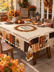 Autumn Pumpkin Patchwork Tablecloth, Hello Fall, Welcome Fall, Harvest Blessings Theme Prints, Sunflower Pumpkin Maple Leaf Plaid Patchwork Design, Vintage Country Farmhouse Style Rectangular Dining Tablecloth, Suitable For Kitchen Dining Table, Family Gathering, Thanksgiving Party, Autumn Home Decor - Multicolor - View 14