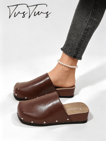 Zapatos tipo mule para mujer con forro térmico y tejido cruzado para otoño/invierno, color block con remaches, punta cuadrada y cerrada, suela gruesa, pantuflas térmicas cálidas para uso en exteriores