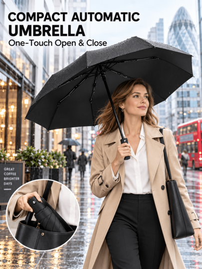 8-Rib Reinforced Automatic Open/Close Folding Umbrella, Sturdy Wind-Resistant Frame, Extra Large Canopy For Effective Rain Protection, 3-Fold Portable And Storable, Dual-Use For Sun And Rain, Minimalist Solid Color Business Style, Suitable For Daily Commute, Outdoor Travel, Business Trips, Heavy Rain And Windy Weather, Practical Rain Protection Tool For Home And Travel, Halloween, Thanksgiving, Christmas, Birthday Gift