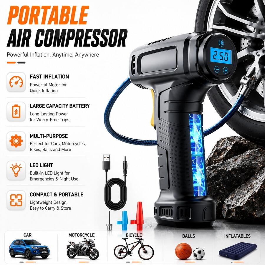 150PSI Fast Car Tire Inflator, Portable Air Compressor Tire Inflator - Equipped With LED Light, Pressure Gauge And One-Key Smart Wireless Design - Suitable For Cars, Motorcycles, Bicycles And Sports Balls, Inflation Speed Increased 3 Times