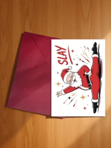 1pc "Slay Santa" Funny Christmas Card With Envelope - Humorous Cartoon Santa Claus Greeting For Friends, Family And Colleagues, Blank Inside - A - View 4