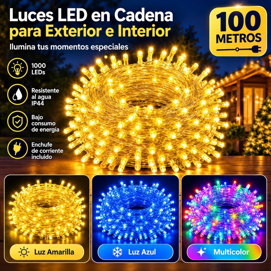 Serie de luces 100 Led Cortina Con 8 Modos Serie De Luces De 10mts, luces de alambre de cobre parpadeantes, adecuadas para decoración de jardín de dormitorio, decoración navideña - Amarillo - Ver 1