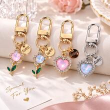 1pc Y2K Style Faux Rhinestone Heart & Flower Keychain, Iridescent Bag Charm With LOVE Round Pendant And Gold/Silver Rotating Clasp, Suitable For Handbags And Keys, 4 Styles Available - Quantity - View 5