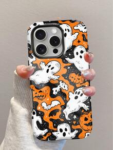 1pc Cartoon Halloween Print, Cute White Ghost, Pumpkin Head, Bat, Black & Orange Contrast Asymmetrical Pattern Fashionable Personalized Design Phone Case, Glossy Full Coverage 2-In-1 Phone Shell Compatible With Apple 18 Pro Max/17 Pro Max/11/12/12 Pro Max/13/13 Pro Max/14 Pro Max/15 Pro Max/16 Pro Max And Other Models. Elegant Design Unisex, Perfect Birthday, Anniversary Gift For Christmas, Valentine's Day, Easter, Wedding Season. - Multicolor - View 3