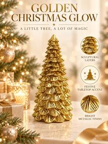 1pc Golden Christmas Tree Tabletop Decoration, Elegant Layered Pine Design, Festive Holiday Centerpiece For Fireplace Mantel, Dining Table, Shelf, Living Room, Office And Winter Home Decor - 1PC - View 5