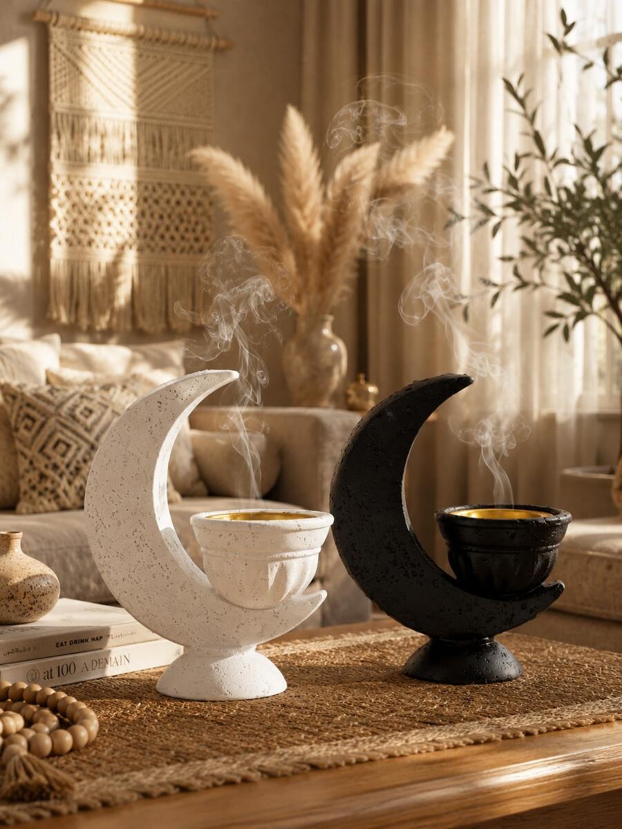 1pc Crescent Moon Incense Burner, Modern Black & White Resin Incense Holder With Gold Bowl, Ramadan Decoration, Eid Home Decor, Bohemian Wabi-Sabi Style Living Room Bedroom Meditation Yoga Shelf Desktop Ornament, Housewarming Gift, Aesthetic Decor - B - View 1