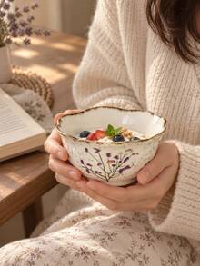 Vintage Lavender Hand-Painted Ceramic Bowl, Petal Rim Underglaze Floral Rice Bowl, Yogurt Oatmeal Breakfast Dessert Bowl For Home Kitchen Gift Idea - Multicolor - View 8