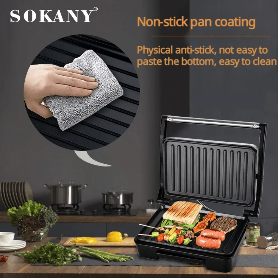 Panggangan Listrik Rumah Tangga SOKANY 223, Panggangan Multifungsi, Pemanasan Cepat 850W, Memanggang Dua Sisi, Desain Pegangan Anti-Luka Bakar, Mudah Dibersihkan, Dapat Membuat Steak/Sandwich/Bacon dan Makanan Lainnya - Hitam - View 1