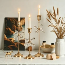 Gold Crystal Candlestick Set Of 3, Flower Crystal Metal Taper Candle Holders, Elegant Table Centerpiece Decor For Wedding Dining Room Home Party Does Not Include Candles. - Multicolor - View 6