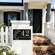 4 Sizes Available! Custom House Number Sign, Personalized Metal Address Plaque, Cut‑Out House Sign With Leaf Floral Decor, Outdoor Wall Mounted Home Street Number Plate - Black - View 8