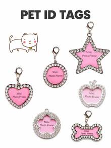 Tag Nama Hewan Peliharaan DIY Tulisan Tangan Bentuk Hati Bulat dengan Liontin Rhinestone untuk Anjing & Kucing - MultiWarna - View 1