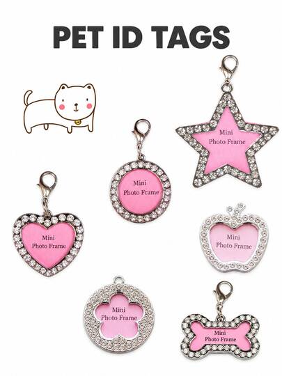 DIY Handwritten Heart Round Rhinestone Pendant Dog & Cat ID Tag Pet Nameplate