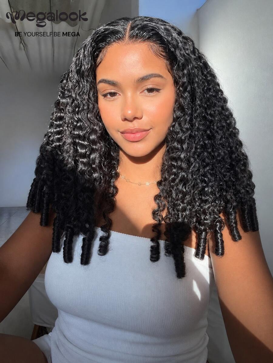 MEGALOOK All In 1 3D Lace Half Wig 180% Density Burmese Curly Natural Color Glueless Drawstring Wig 100% Human Hair Pre-Cut Lace Pre-Bleached Knots Beginner Friendly - SNatural - View 1