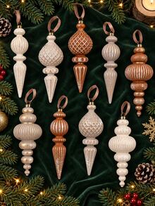9pcs=1set 5.71 Inch Shatterproof Plastic Christmas Tree Hanging Ornaments, Vintage Neutral Copper, Brown, Cream And Taupe Pointed Ball Shaped Decorations With Ribbed Plaid Texture And Hanging Rope Loops, Suitable For Window Display, Fireplace Mantel, Party And Winter Holiday Decor - Multiple Styles - View 1