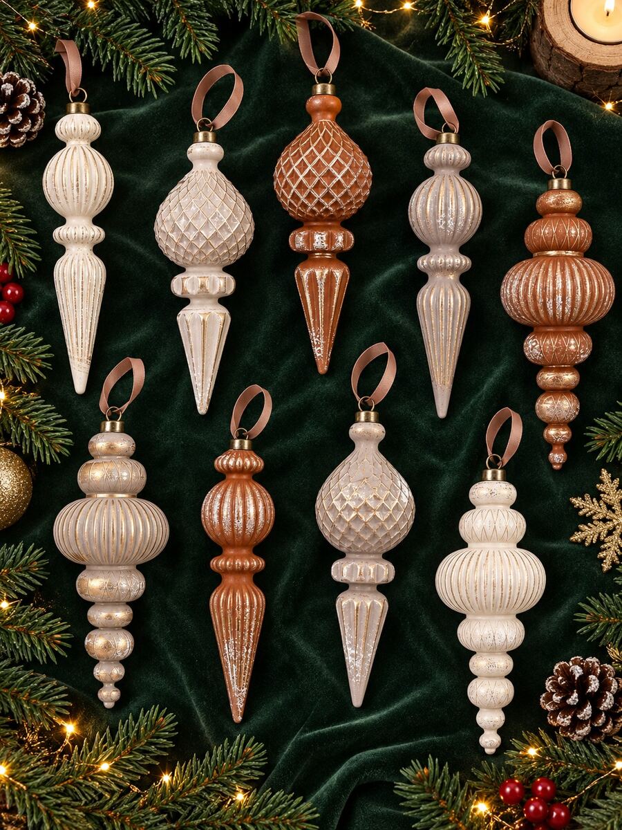 9pcs=1set 5.71 Inch Shatterproof Plastic Christmas Tree Hanging Ornaments, Vintage Neutral Copper, Brown, Cream And Taupe Pointed Ball Shaped Decorations With Ribbed Plaid Texture And Hanging Rope Loops, Suitable For Window Display, Fireplace Mantel, Party And Winter Holiday Decor - Multiple Styles - View 1
