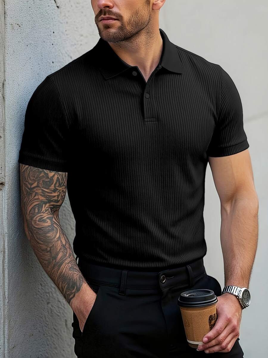 Men's Half-Zip Solid Striped Polo Shirt, Textured Shirt, Zip-Front Button Design, Slim Fit, Multiple Colors Available - Black - View 1