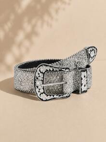 1pc Sequin Rhinestone Fashion Party Gathering Women's PU Belt, Suitable For Carnival, Back To School, Christmas, Halloween Daily Wear - Flower Buckle Sequin Silver - View 2