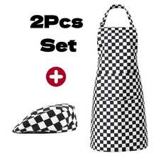 Conjunto de 2 piezas de gorro de chef y delantal con patrones mixtos, delantal de chef ajustable con múltiples patrones y gorro, conjunto de delantal con tirantes y bolsillos grandes - Blanco - Ver 8