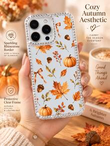 1pc Transparent Rhinestone Frame Autumn Pumpkin Maple Leaf Phone Case, Watercolor Acorn Berry Bow Transparent Full Coverage Anti-Fall Soft Protective Cover For IPhone18 17 16 15 14 13 12 11 Pro Max, - Clear - View 8