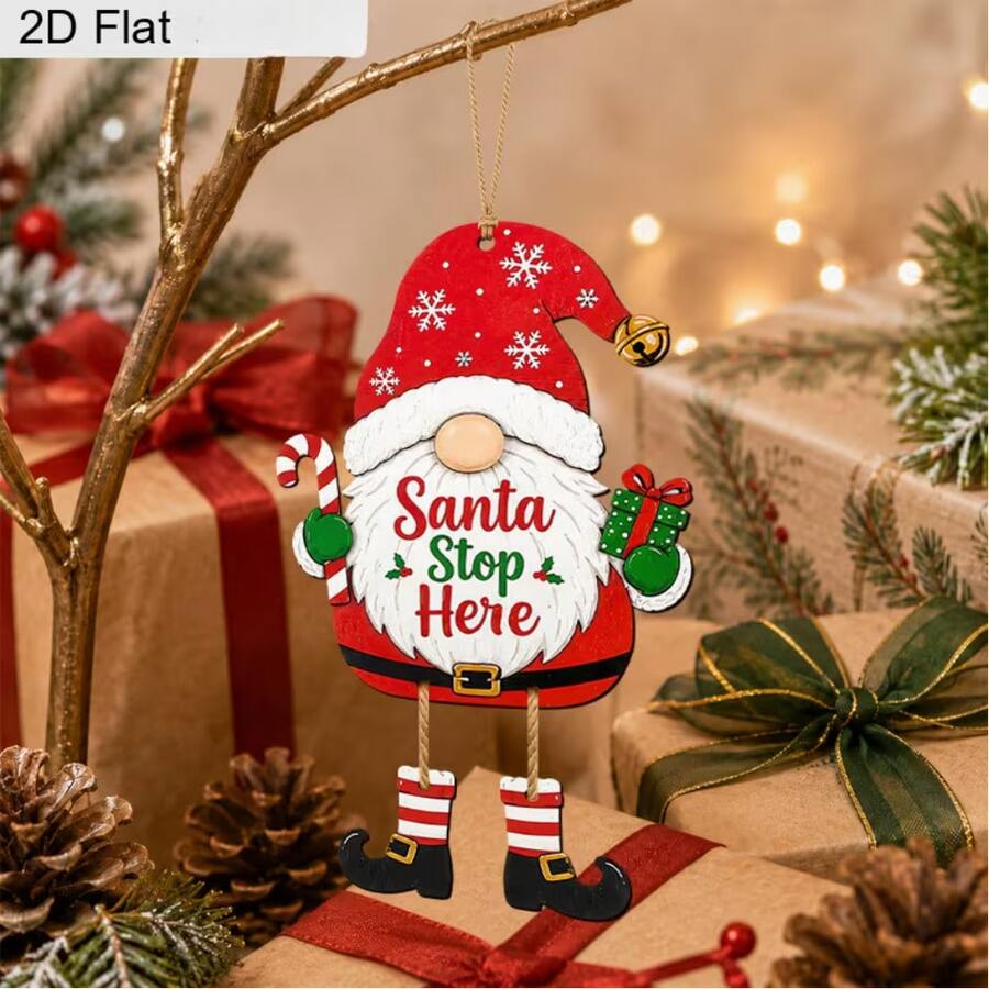 2D Flat Wooden Hanging Ornament, Santa Claus Red Hat Candy Cane Gift Box Design, Front Door Window Christmas Tree Decoration, Winter Holiday Gift, Suitable For Family And Friends, Christmas Home Party Hanging Decor - Multicolor - View 1