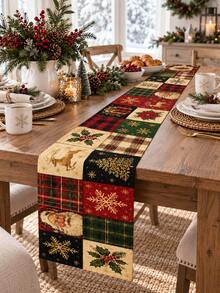 1pc Christmas Table Runner, Santa Claus Reindeer Buffalo Plaid Snowflake Holly Poinsettia Patchwork Print Linen Look Dining Runner, Vintage Christmas Decorations For Home, Farmhouse Kitchen Decor, Holiday Party Table Room Decor - Multicolor - View 13