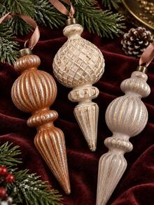 9pcs=1set 5.71 Inch Shatterproof Plastic Christmas Tree Hanging Ornaments, Vintage Neutral Copper, Brown, Cream And Taupe Pointed Ball Shaped Decorations With Ribbed Plaid Texture And Hanging Rope Loops, Suitable For Window Display, Fireplace Mantel, Party And Winter Holiday Decor - Multiple Styles - View 4