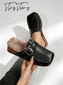 Autumn/Winter Thermal Lined Cross-Woven Mule Women's Shoes, Contrast Color Rivet Square Toe Closed Toe Half-Slipper, Thick Sole Warm Thermal Slippers For Outdoor Wear - Black - View 4