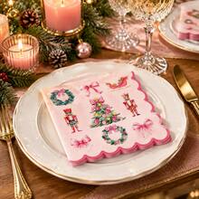 Christmas Scalloped Paper Napkins, Pink Watercolor Nutcracker & Wreath Design Disposable Cocktail Napkins For Holiday Party Table Decor - Multicolor - View 3