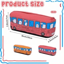 1pc Kids Cute Bus Canvas Pencil Case,With 2Pcs Random Mechanical Pencils,High Capacity Cartoon Car Pouch,School Stationery Storage Bag,Back To School - Multicolor - View 9