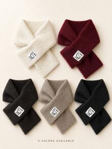 Women's Autumn/Winter Short Knitted Scarf, Solid Color Warm Cross Neck Warmer With Small Sheep Pattern Label - Scarf - View 4