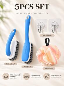 2 Pieces Cleaning Brush Set, Clothes Brush And Shoe Brush Combo With Long Handle Design And Comfortable Grip, Suitable For Daily Garment Care, Shoe Cleaning And Home Organization, Blue White Household Cleaning Tools - / - View 8