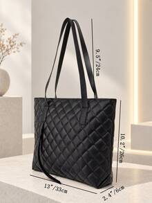 1pc Women's Quilted Diamond Tote Bag, Large Capacity Commuter Shoulder Bag, Minimalist Elegant Black Daily Handbag - M591 - View 4