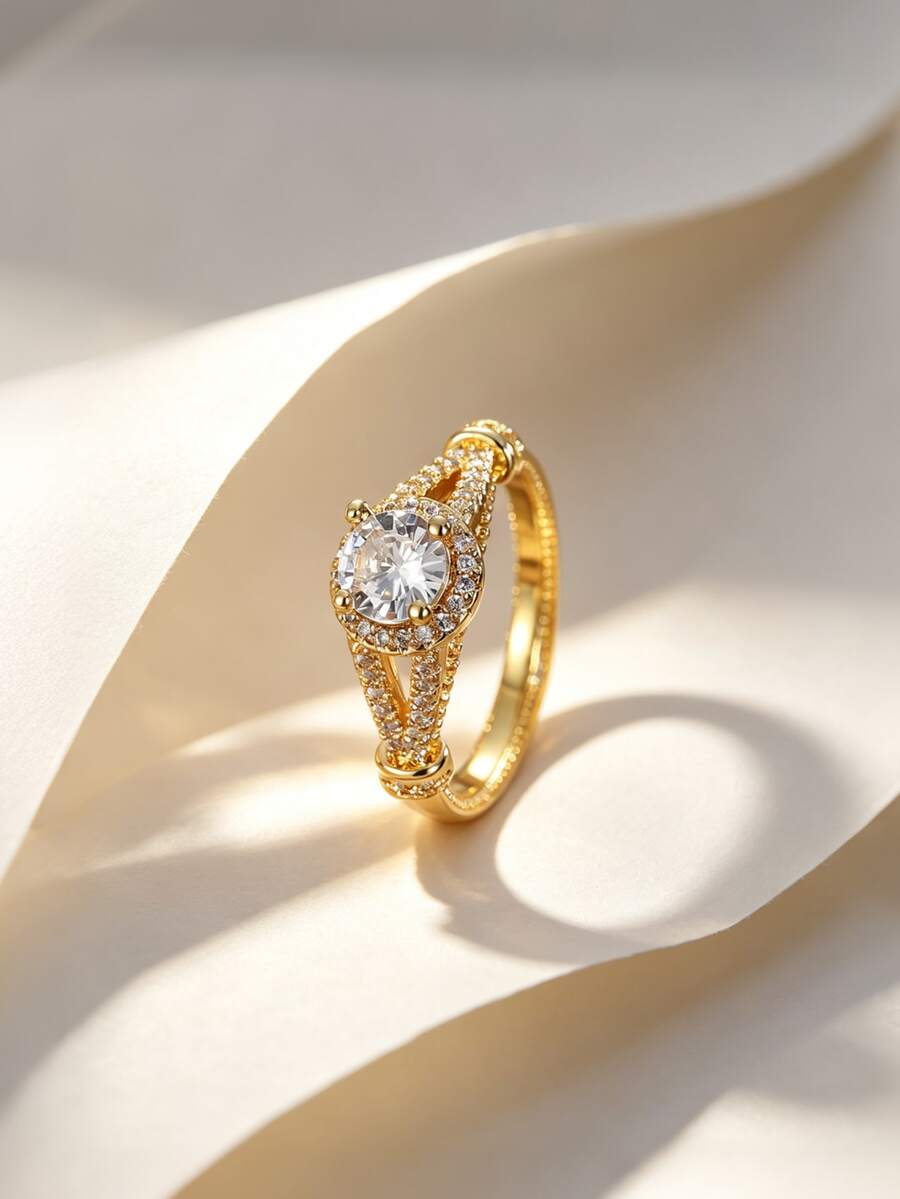 Charm-In 18K Gold Plated Vintage Style Halo Ring | Round Cut Cubic Zirconia Solitaire With Split Shank | Perfect For Engagement And Promise Gifts - Gold - View 1
