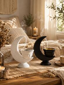 1pc Crescent Moon Incense Burner, Modern Black & White Resin Incense Holder With Gold Bowl, Ramadan Decoration, Eid Home Decor, Bohemian Wabi-Sabi Style Living Room Bedroom Meditation Yoga Shelf Desktop Ornament, Housewarming Gift, Aesthetic Decor - B - View 2