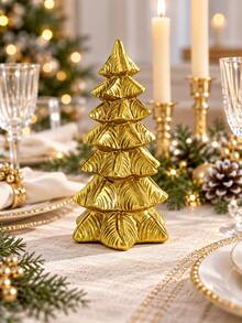1pc Golden Christmas Tree Tabletop Decor, Vintage-Inspired Layered Tree Figurine With Textured Detail, Festive Freestanding Accent For Fireplace Mantel, Entryway, Shelf, Desk And Holiday Centerpiece - New Model - View 4