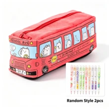 1pc Kids Cute Bus Canvas Pencil Case,With 2Pcs Random Mechanical Pencils,High Capacity Cartoon Car Pouch,School Stationery Storage Bag,Back To School - Multicolor - View 11