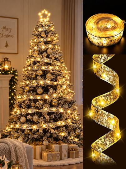 1個 クリスマスリボンフェアリーライト、ゴールドクリスマスライト、リボンガーランドクリスマスツリーゴールドリースクリスマスデコレーションライト、室内外パーティー装飾用、クリスマスツリー新年デコレーション(電池式)
