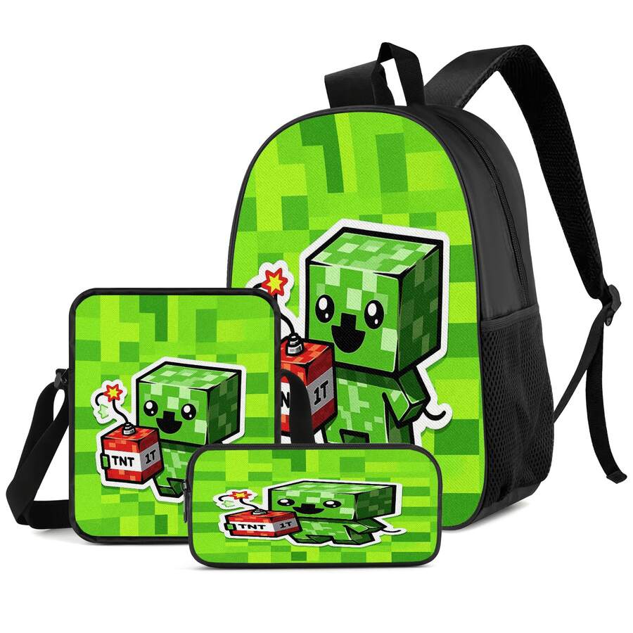 Pixel Block Chibi Character 2D Print 3 Pieces Backpack Set, Large Capacity Backpack With Crossbody Bag And Pencil Case, Side Elastic Mesh Pocket For Water Bottle, Wide Breathable Adjustable Shoulder Straps, Retro Game Style Cute Daily Commute Travel Casual Storage Bag - Printed Bag - View 1