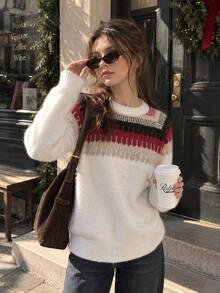 Women's White Long-Sleeved Pullover Sweater, Regular Length With Moderate Elasticity, Festive Christmas Style, Suitable For Autumn And Winter Wear - Multicolor - View 4