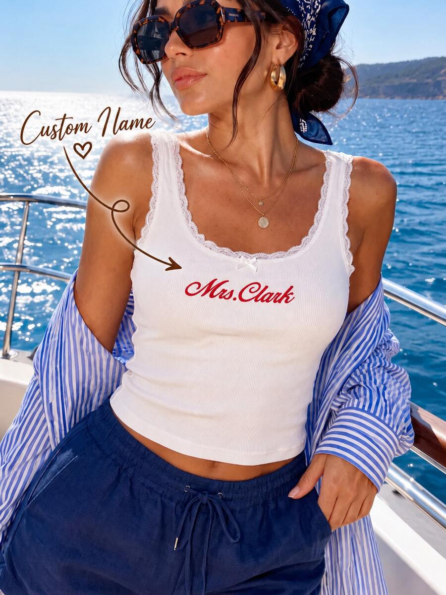 Custom Embroidered Lace Tank Top, Personalized Bridal Tank, Bridal Shower Gift, Bachelorette Party Top - Multicolor - View 1