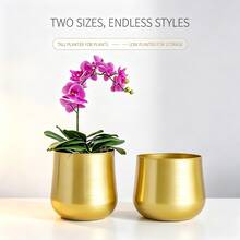 1pc Gold Metal Plant Pot, Brass Gardening Planter, Round Succulent Plant Container With Drainage Hole - Golden Vase - View 1