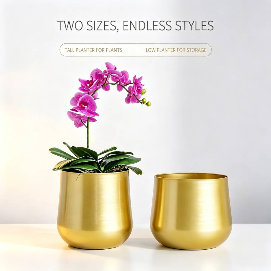 1pc Gold Metal Plant Pot, Brass Gardening Planter, Round Succulent Plant Container With Drainage Hole - Golden Vase - View 1