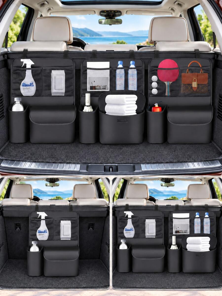 Car Trunk Storage Organizer Bag, Hanging Rear Seat Back Storage Bag, 1/2/3pcs Multi-Pocket Cargo Storage Bag With Mesh Pockets And Large Flap Pocket, 25 X 45 Cm, Rear Seat Storage Organizer Bag, Suitable For SUV, Sedan, Hatchback Car Trunk Storage, Interior Accessories