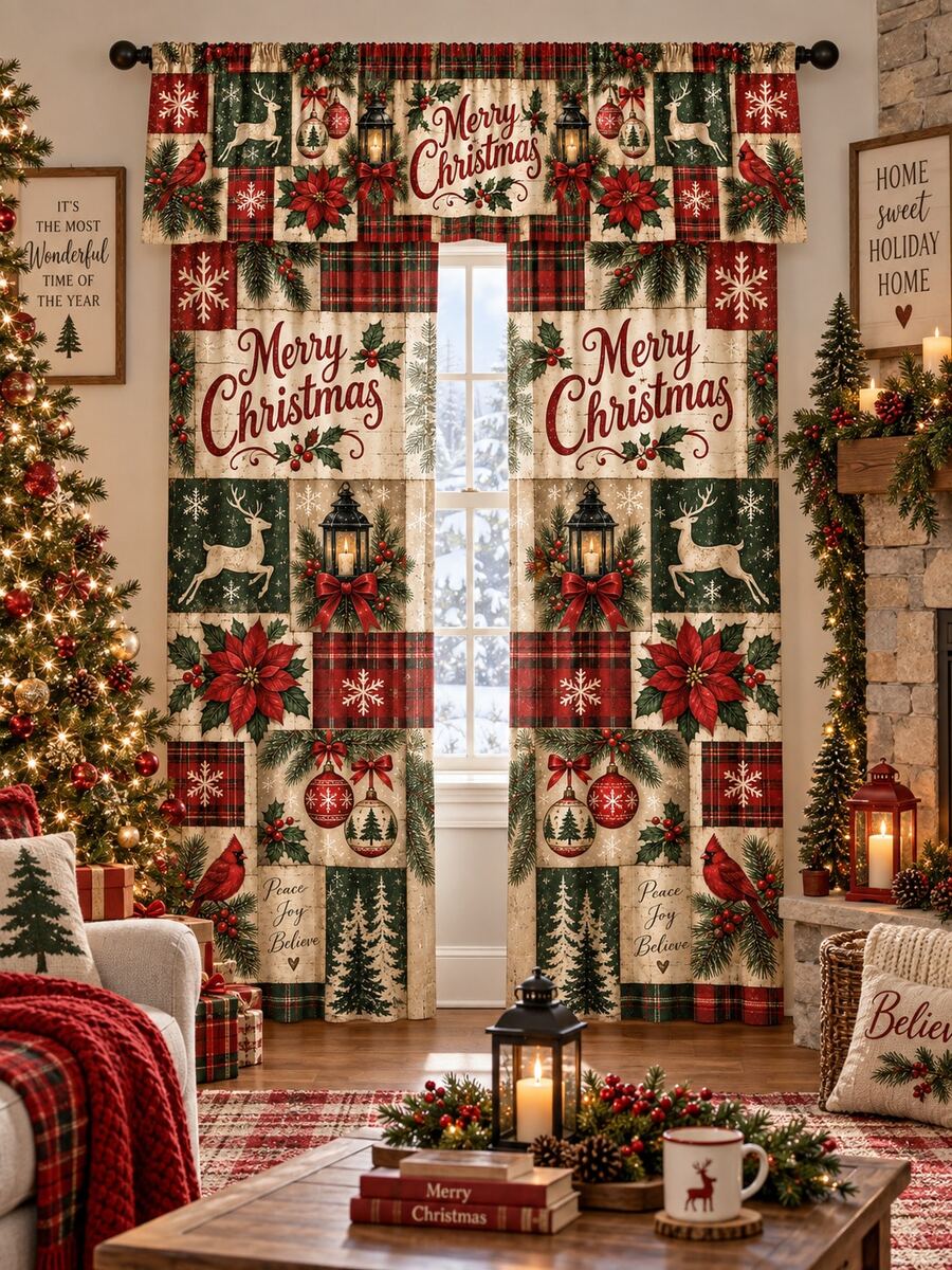 2件裝復古聖誕拼布窗簾,Merry Christmas 一品紅、馴鹿、紅雀格紋裝飾印花聚酯纖維窗簾布,鄉村農舍風聖誕家居裝飾,客廳佈置 - C - 查看 1
