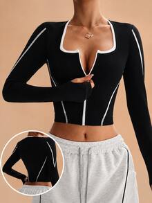 1pc Women's Seamless Small Round Neck Front Zipper Contrast Line Thumb Hole Running Fitness Workout Yoga Outdoor Sports Jacket - Black and White - View 1